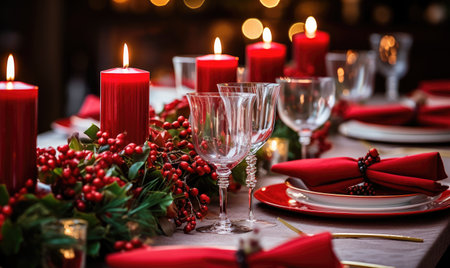 A christmas table setting with candles and red napkinsの素材