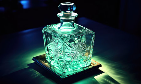 A green glass bottle sitting on top of a tableの素材