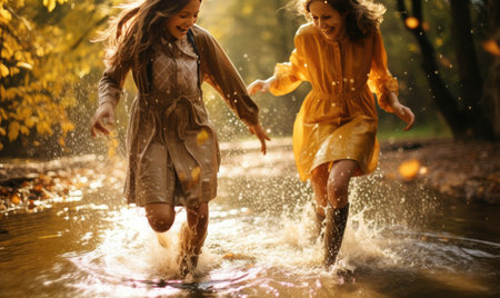 Two girls are running through a puddle in the rainの素材