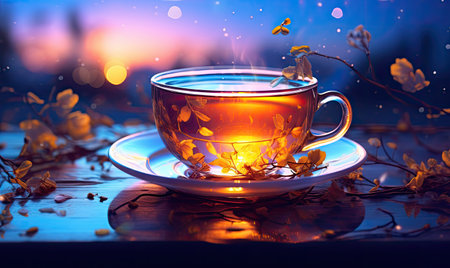 A cup of tea sitting on top of a tableの素材