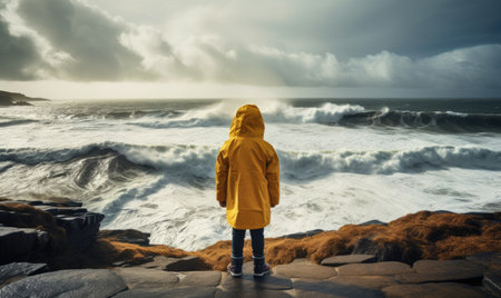 A person in a yellow raincoat standing on a rocky cliff overlooking the oceanの素材