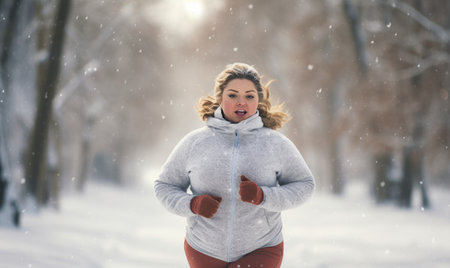 A woman running through the snow in a parkの素材