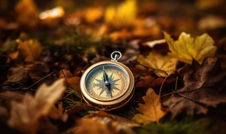 A compass sitting on top of a pile of leavesの素材