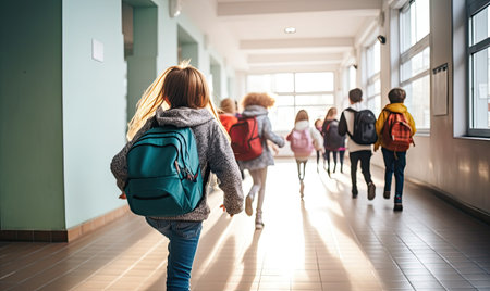 A group of children walking down a hallwayの素材