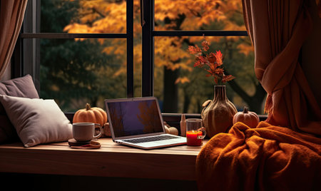 A laptop computer sitting on top of a window sillの素材
