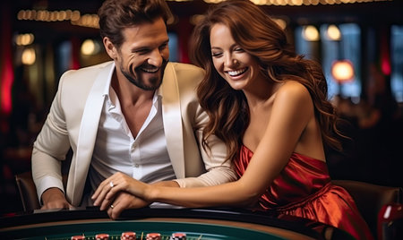 A man and a woman sitting at a casino tableの素材
