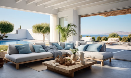 A living room filled with furniture next to a swimming poolの素材