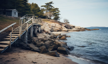 A set of stairs leading to a beach next to the oceanの素材