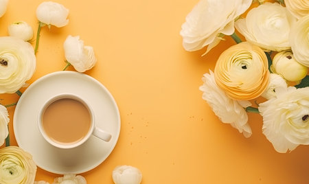 A cup of coffee next to a bouquet of flowersの素材