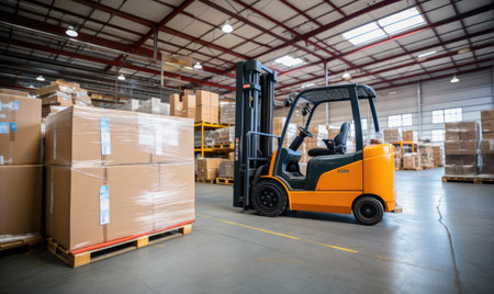 A forklift in a warehouse with boxes on the floorの素材