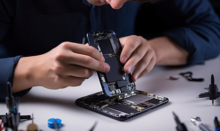 A man is working on a cell phoneの素材