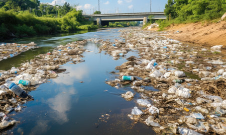 A river filled with lots of trash next to a bridgeの素材