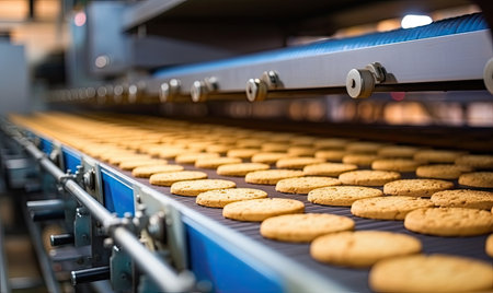 A conveyor belt filled with lots of cookiesの素材