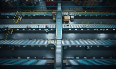 An overhead view of a warehouse with a conveyor beltの素材