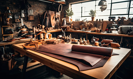 A wooden table topped with lots of leatherの素材
