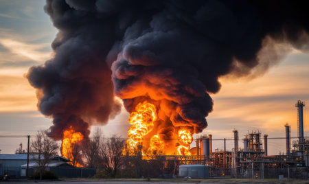 A large factory with lots of black smoke coming out of itの素材