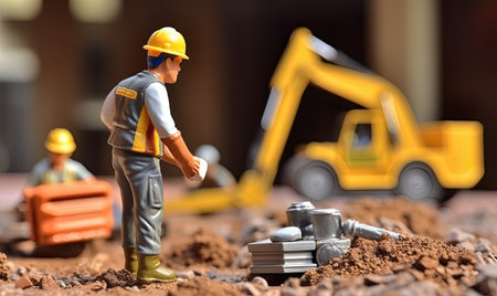 A toy worker standing on a pile of dirtの素材
