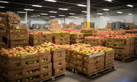 A warehouse filled with lots of boxes of applesの素材