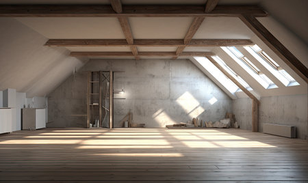 An empty room with wooden floors and a skylightの素材