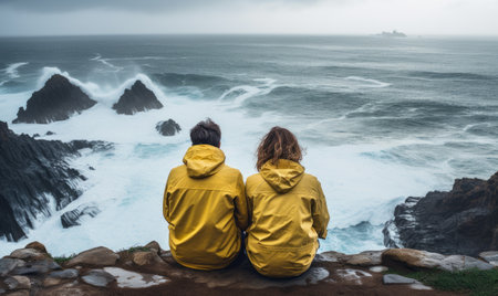 A couple of people sitting on top of a cliff near the oceanの素材