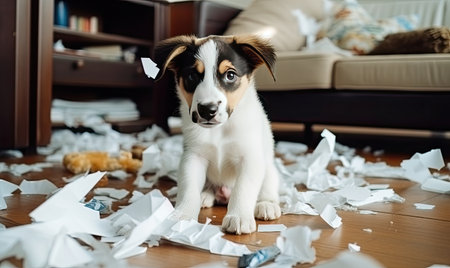 A puppy sitting on the floor surrounded by shredded paperの素材