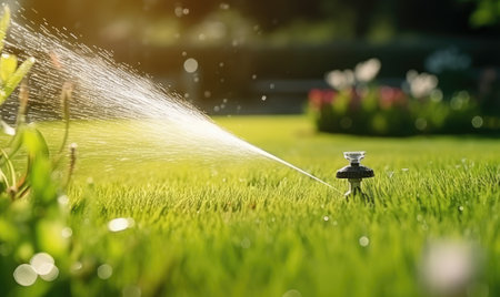 A sprinkler is spraying water on a lawnの素材