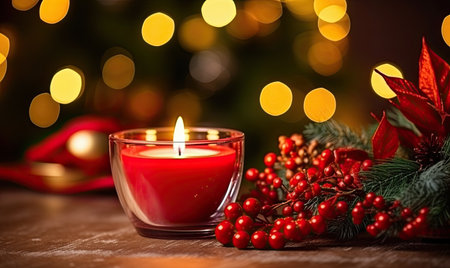 A red candle sitting on top of a wooden tableの素材