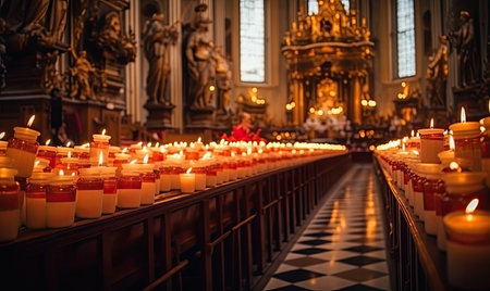 Many lit candles in a church with a checkered floorの素材