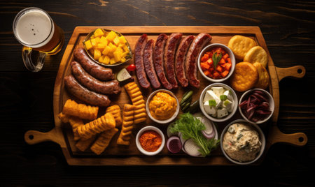 A Delicious Feast: A Variety of Savory and Sweet Dishes on a Rustic Wooden Platterの素材