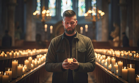A man standing in a church holding a candleの素材