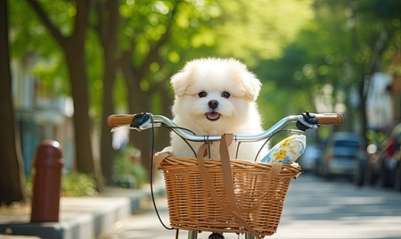 A small white dog sitting in a basket on a bicycleの素材