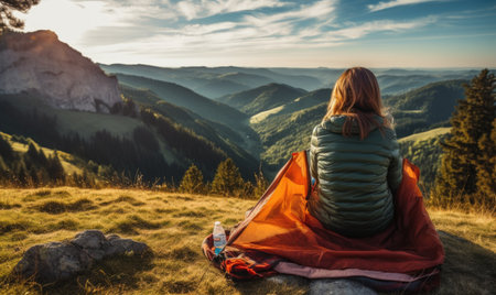 A woman sitting on top of a mountain next to a tentの素材