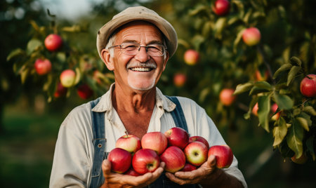 A man holding a bunch of apples in his handsの素材