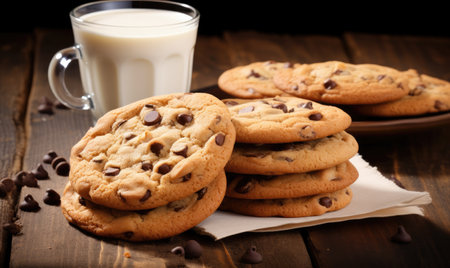 Delicious Plate of Chocolate Chip Cookies and a Refreshing Glass of Milkの素材