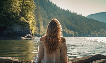 Serenity at the Shimmering Waters: A Woman Contemplating the Tranquil Beauty of a Scenic Lake Viewの素材
