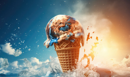 A Refreshing Treat in the Serene Waters: An Ice Cream Cone Floating in the Middle of a Body of Waterの素材