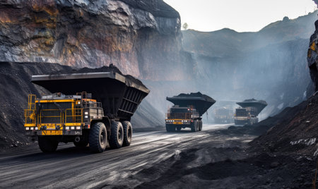 A group of dump trucks driving down a dirt roadの素材