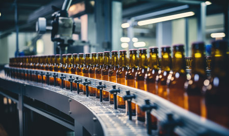 A line of beer bottles on a conveyor beltの素材