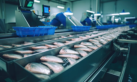 A conveyor belt filled with lots of fishの素材
