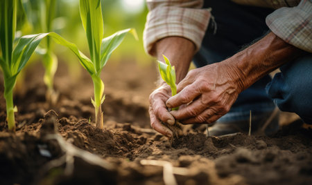 A person kneeling down to plant a plant in the dirtの素材