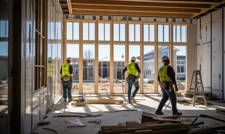 A group of men standing inside of a building under constructionの素材