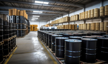 A large warehouse filled with lots of barrelsの素材