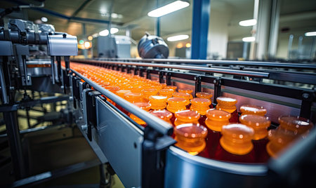 A conveyor belt filled with lots of orange cupsの素材