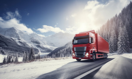 A red semi truck driving down a snowy roadの素材