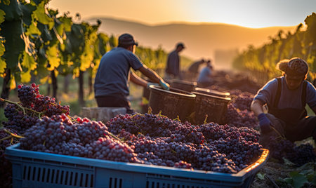 A group of people picking grapes in a vineyardの素材