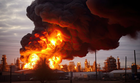 A large plume of black smoke billowing out of a factoryの素材