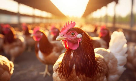 A group of chickens standing next to each otherの素材