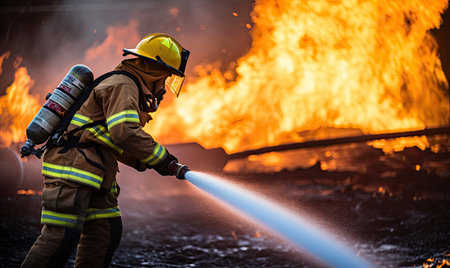 A firefighter using a hose to extinguish a fireの素材