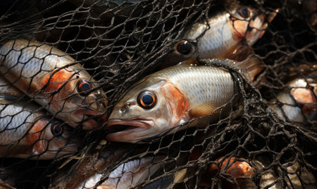 A bunch of fish that are in a netの素材