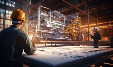 Two men in hardhats looking at a construction planの素材